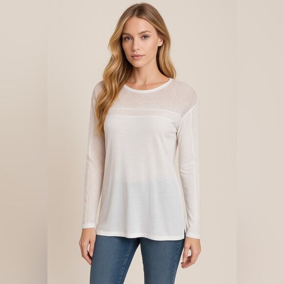 BCBGMAXAZRIA Lace Mesh Blouse White Long Sleeve Sheer Pullover Scoop Neck Small - Picture 1 of 8